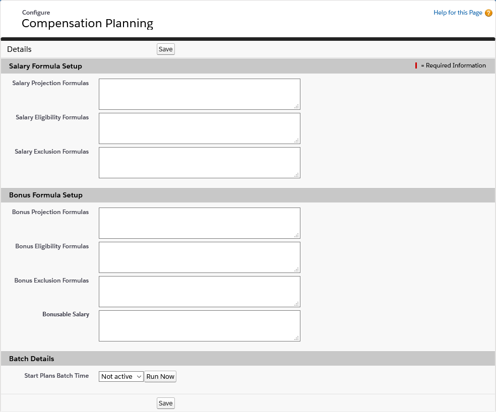 Screenshot: Compensation Planning configuration page with all fields empty